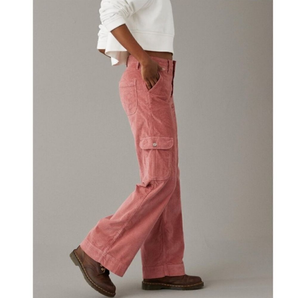 American Eagle Cargo Pants Salmon Pink Corduroy Super High Rise Baggy Wide Leg - Picture 6 of 10